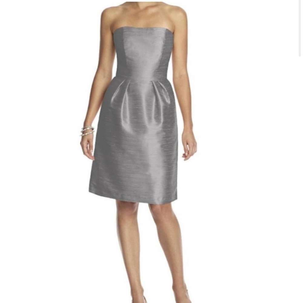 Alfred Sung Dupioni Quarry Gray Cocktail Bridesmaid Strapless Dress